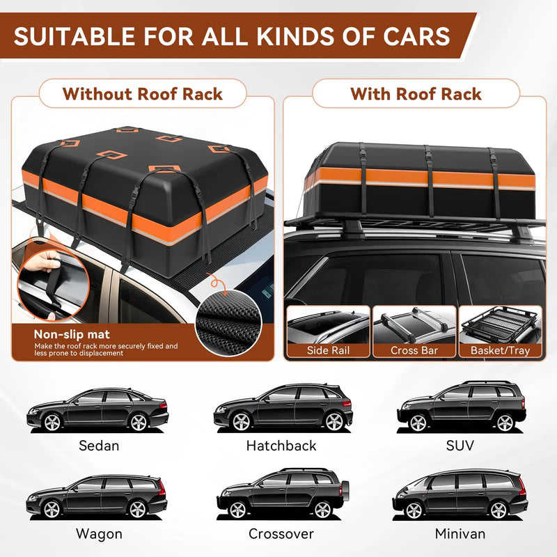 Sac de Toit Voiture 595 L Étanche 21 Pieds Cubes avec 6 Sangles et Fond Antidérapant