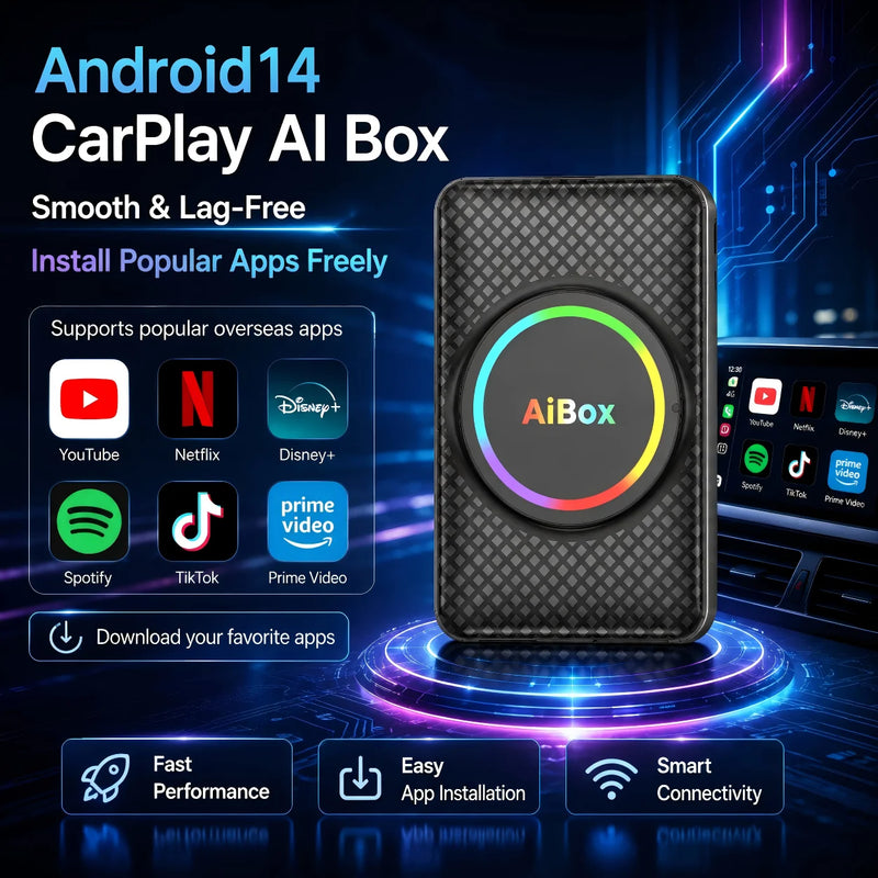 Boîtier CarPlay AI Box Android 14 Sans Fil Plug and Play