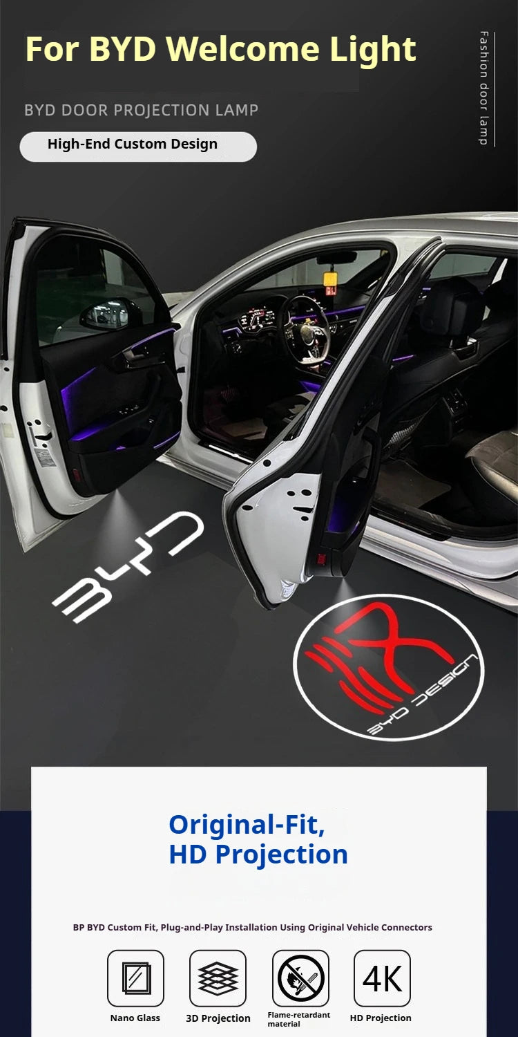 Projecteur Porte BYD Atto 3, Han EV et DM-i, Atto 8, Sealion 8, Lumière de Bienvenue HD, Lot de 2, 8 Motifs