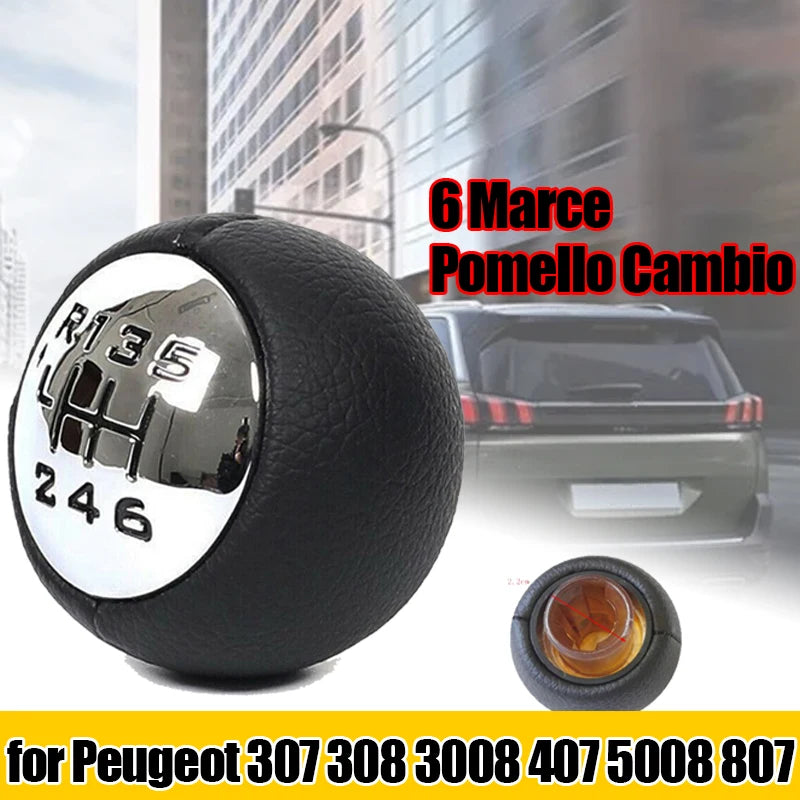 Pommeau de Levier de Vitesse Peugeot 307 308 3008 407 5008 807 et Citroën C3 C4 C8, 5 ou 6 Vitesses, Tête Chromée Cuir PU Noir