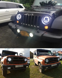2 Phares LED Ronds 7 Pouces Halo Land Rover Defender Lada Niva Beetle Classique avec Culot H4 et Anneau Ambre