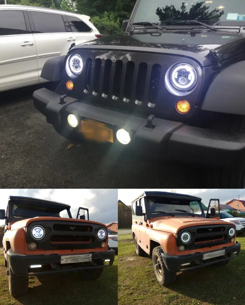 2 Phares LED Ronds 7 Pouces Halo Land Rover Defender Lada Niva Beetle Classique avec Culot H4 et Anneau Ambre