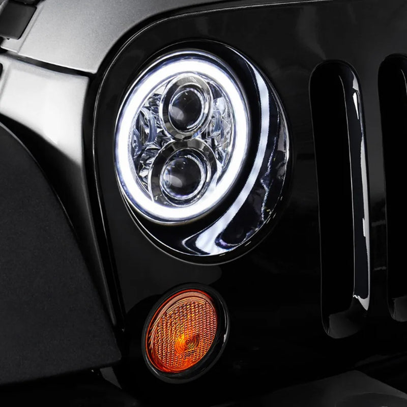 2 Phares LED Ronds 7 Pouces Halo Land Rover Defender Lada Niva Beetle Classique avec Culot H4 et Anneau Ambre