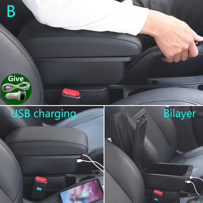 Accoudoir Peugeot 208 2019-2024 — Boîte de Rangement Cuir - vue de trois-quarts - Becquet Voiture