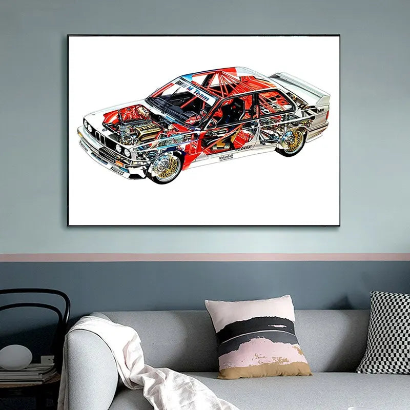 Affiche BMW M3 E30 DTM vue en coupe Poster vintage - vue de face - Becquet Voiture