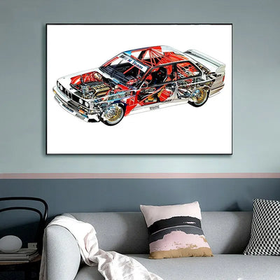 Affiche BMW M3 E30 DTM vue en coupe Poster vintage - vue de face - Becquet Voiture