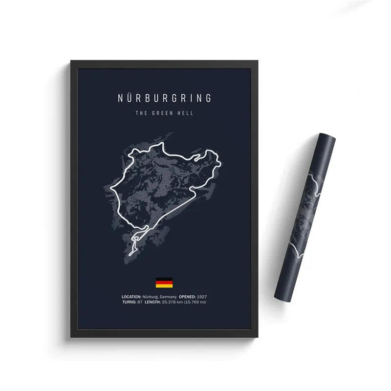 Affiche Circuit Nürburgring Nordschleife Tracé Mythique Green Hell - vue de face - Becquet Voiture