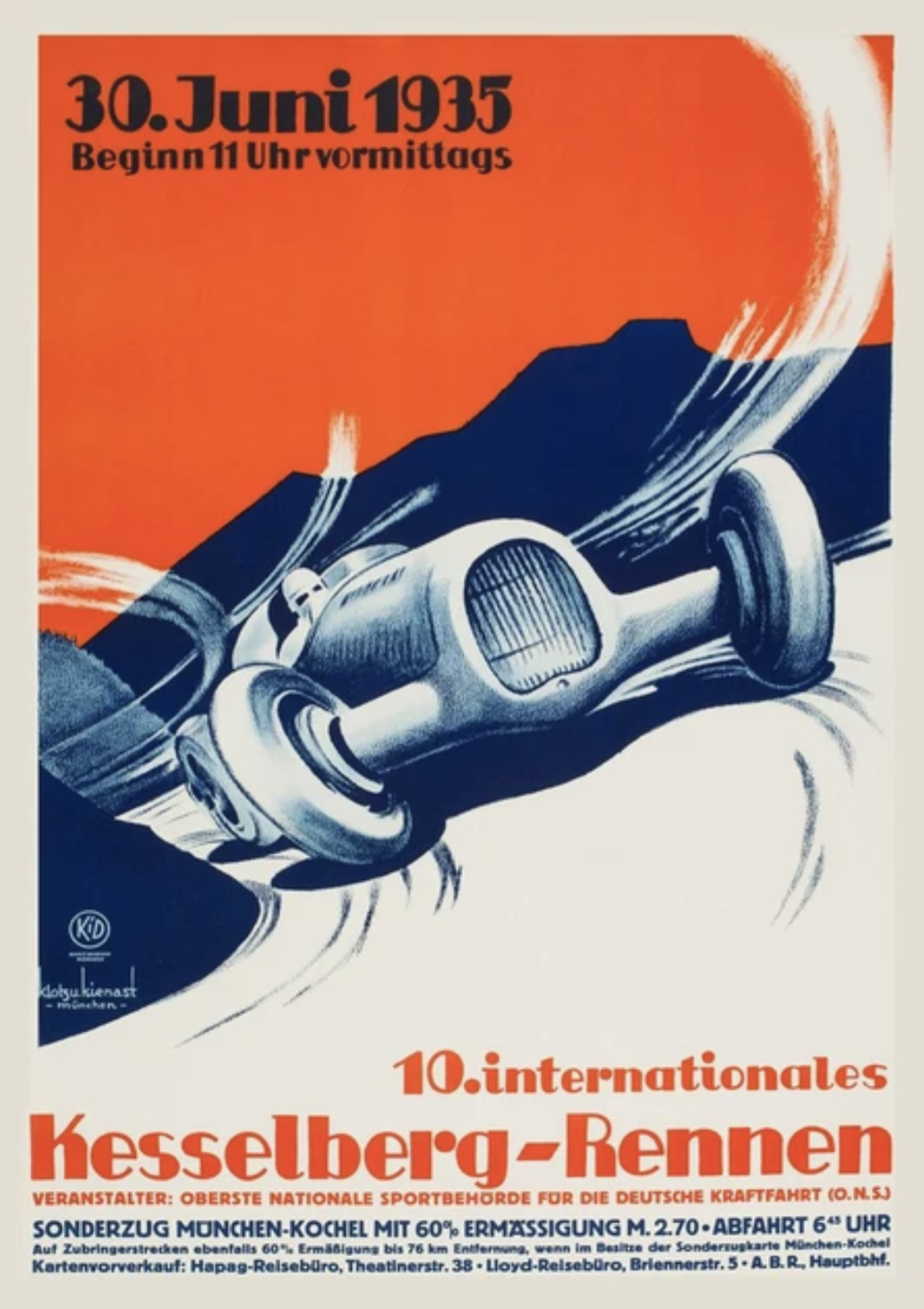Affiche Course Vintage Rennen 1935 Décoration Murale - vue de face - Becquet Voiture