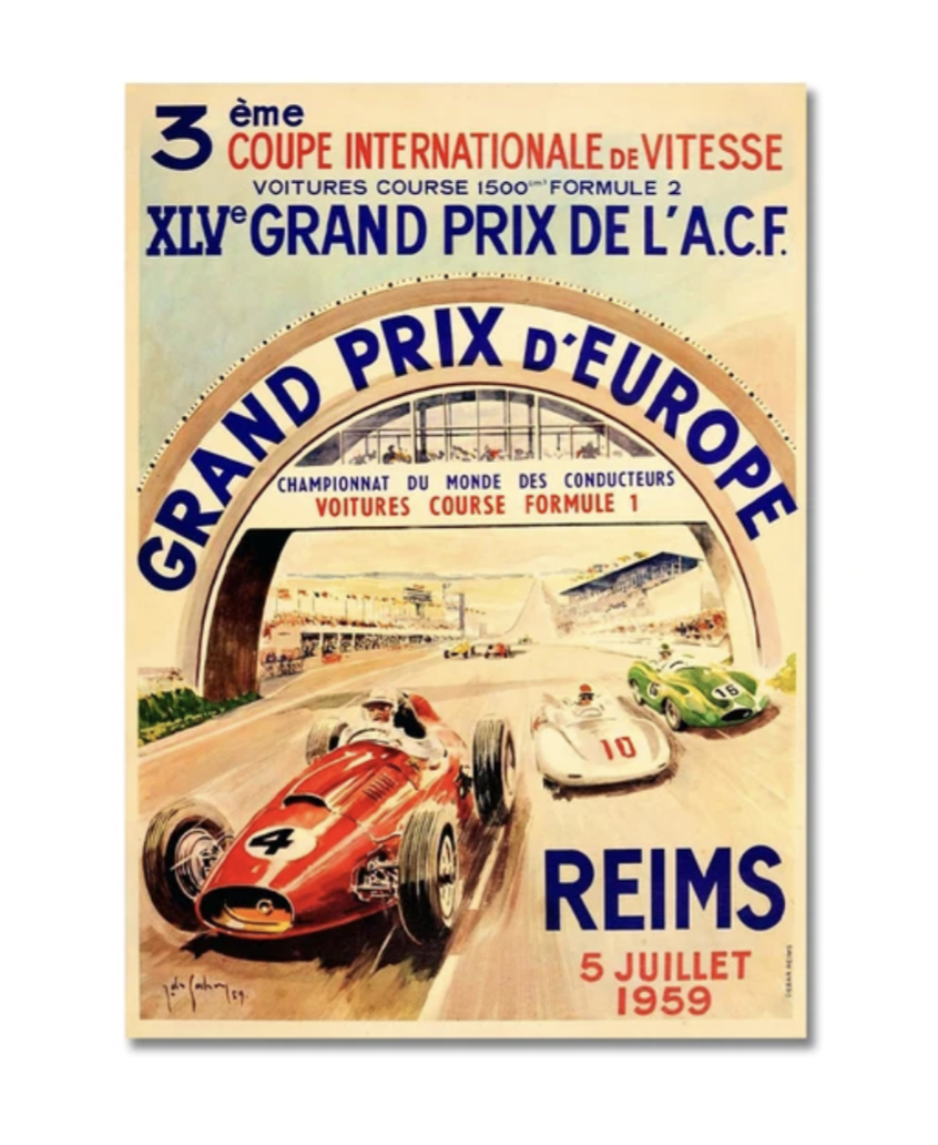 Affiche F1 vintage Grand Prix Reims 1959 poster toile - vue de face - Becquet Voiture