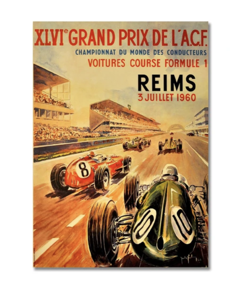 Affiche F1 vintage Grand Prix Reims 1960 poster mural - vue de face - Becquet Voiture