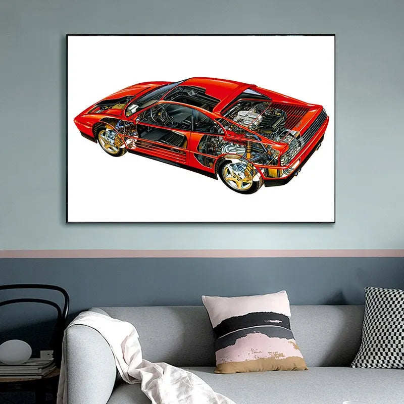 Affiche Ferrari 348 vue en coupe Poster toile murale - vue de face - Becquet Voiture