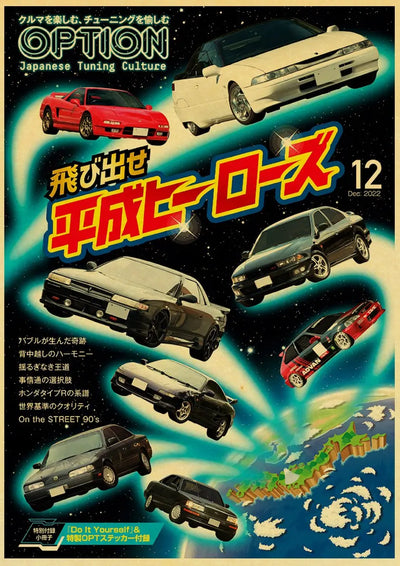 Affiche JDM Vintage poster voiture rétro drift - vue de trois-quarts 2 - Becquet Voiture