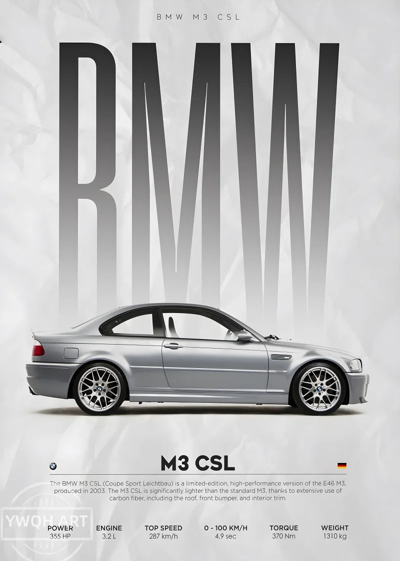 Affiche Murale BMW M3 E46 CSL Poster Sport Automobile - vue de face - Becquet Voiture