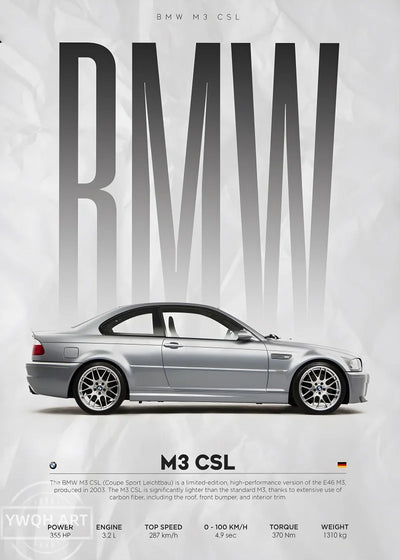 Affiche Murale BMW M3 E46 CSL Poster Sport Automobile - vue de face - Becquet Voiture