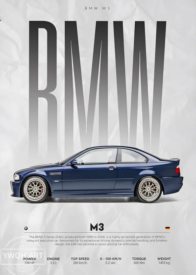 Affiche Murale BMW M3 E46 CSL Poster Sport Automobile - vue de profil - Becquet Voiture