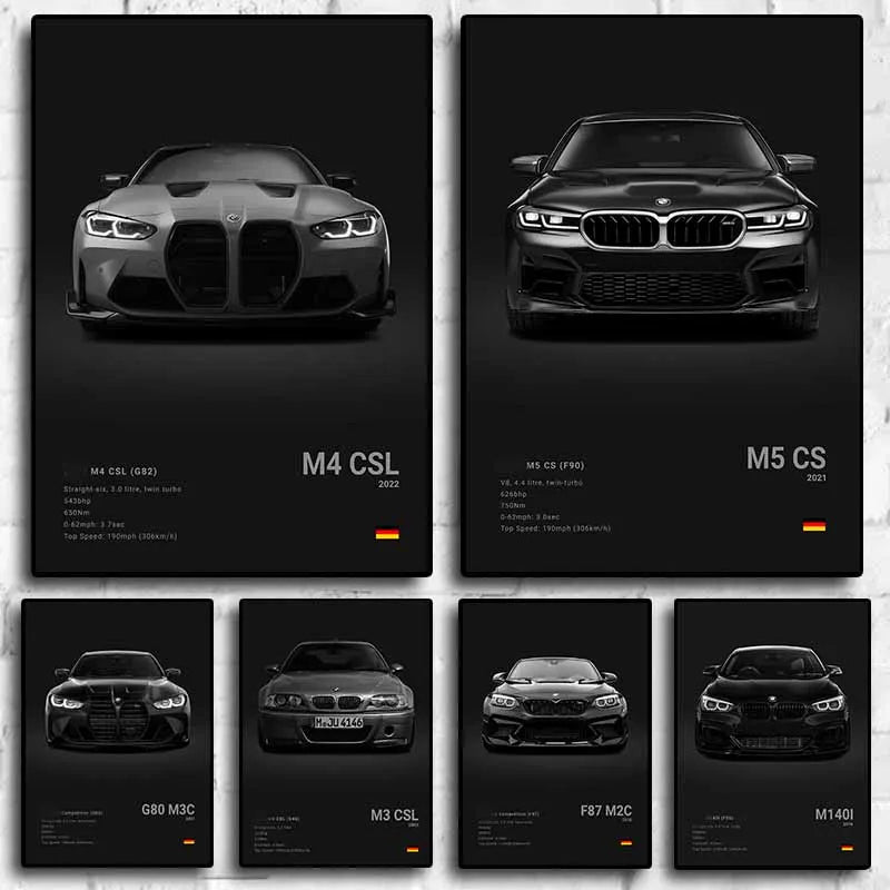 Affiche Murale BMW Motorsport Haute Définition - Fond Noir Blanc Gris - vue de face - Becquet Voiture