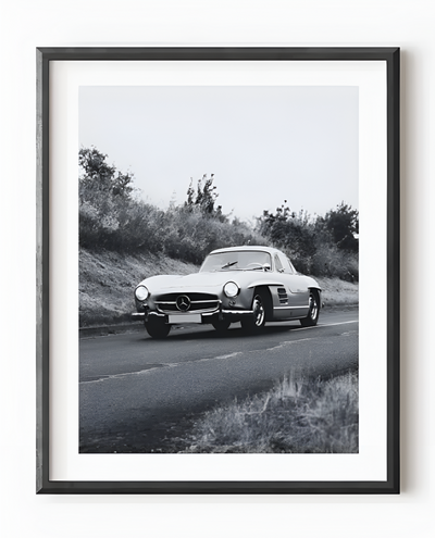 Affiche Noir Et Blanc Vintage Voiture Ancienne Mercedes 300 SL - vue de profil - Becquet Voiture