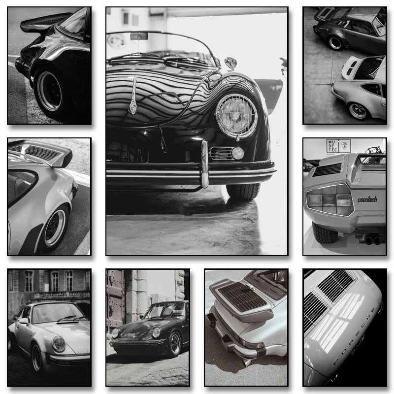 Affiche Noir Et Blanc Vintage Voiture Ancienne Porsche 911 Et 356 - vue de face - Becquet Voiture