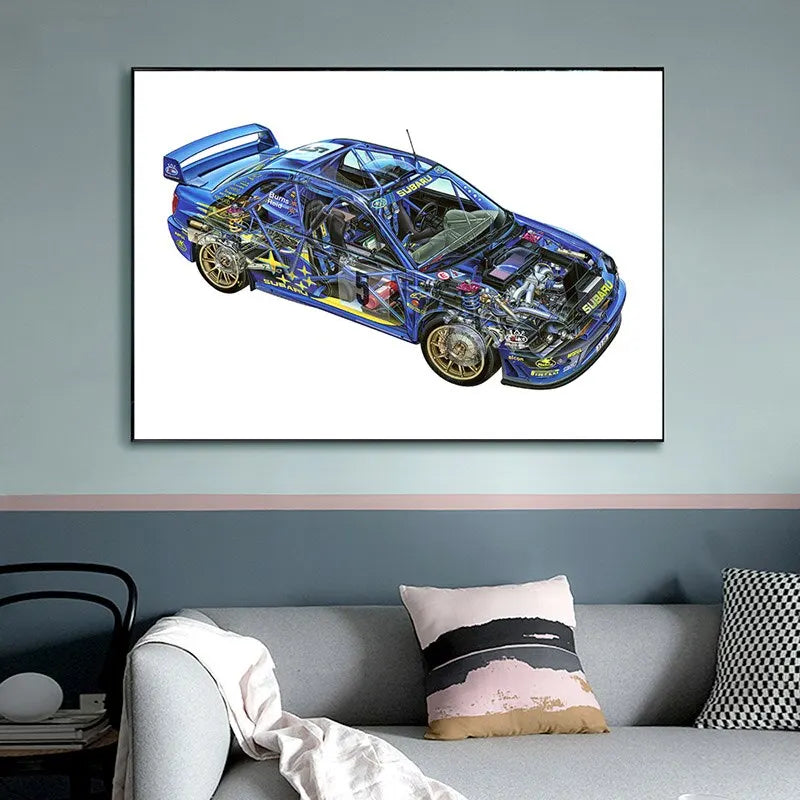 Affiche Subaru Impreza WRC vue en coupe Poster rallye - vue de face - Becquet Voiture