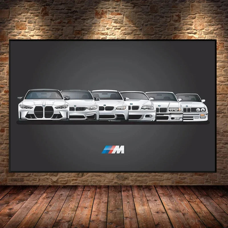 Leinwandposter BMW M3 Generationen Motorsport - Rückansicht - Becquet Voiture