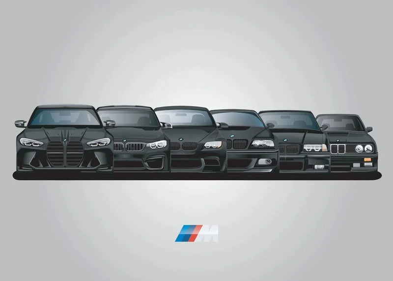 Leinwandposter BMW M3 Generationen Motorsport - Vorderansicht 2 - Becquet Voiture