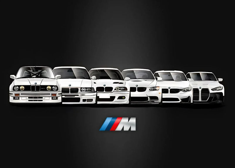 Leinwandposter BMW M3 Generationen Motorsport - Dreiviertelansicht 2 - Becquet Voiture