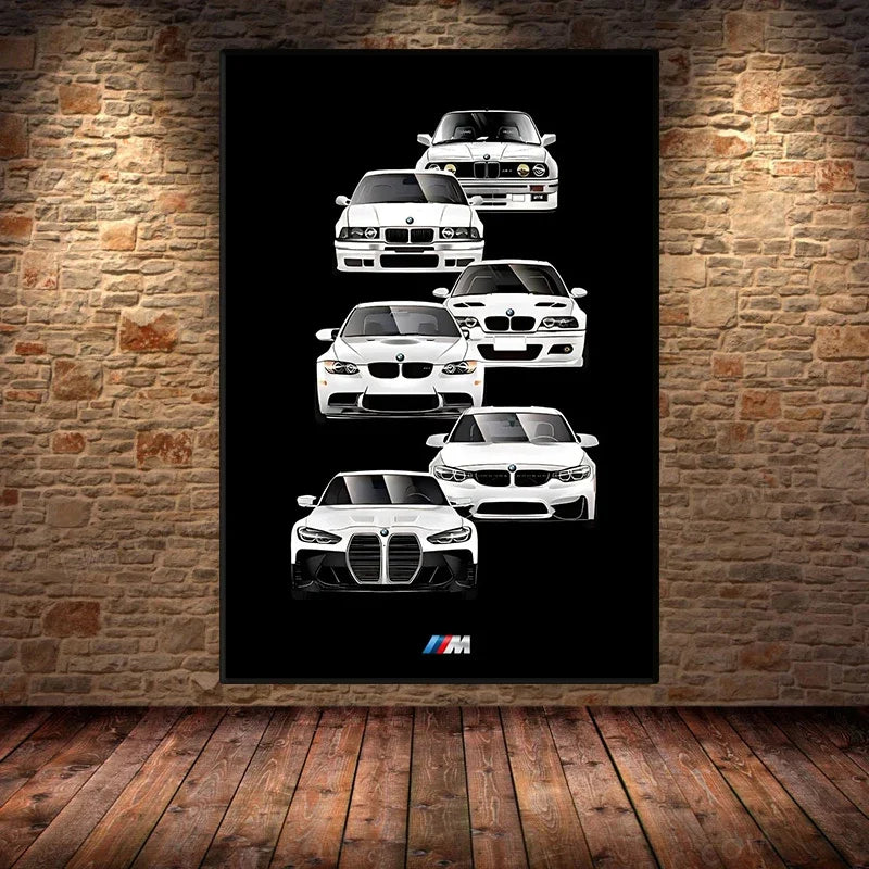 Leinwandposter BMW M3 Generationen Motorsport - Dreiviertelansicht - Becquet Voiture