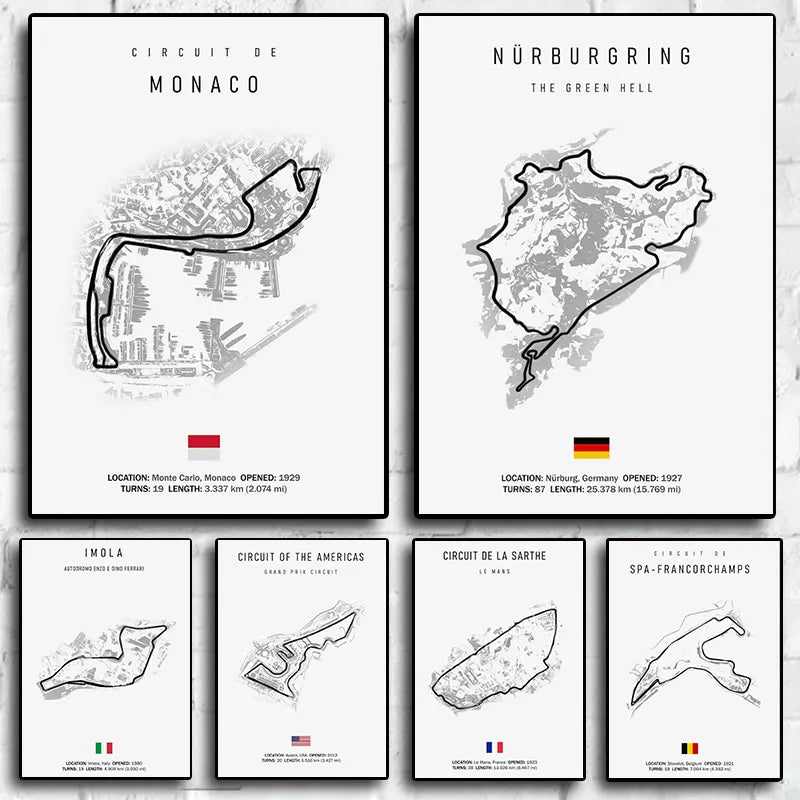 Affiche toile circuits F1 Le Mans Nürburgring Spa Monaco - vue de face - Becquet Voiture