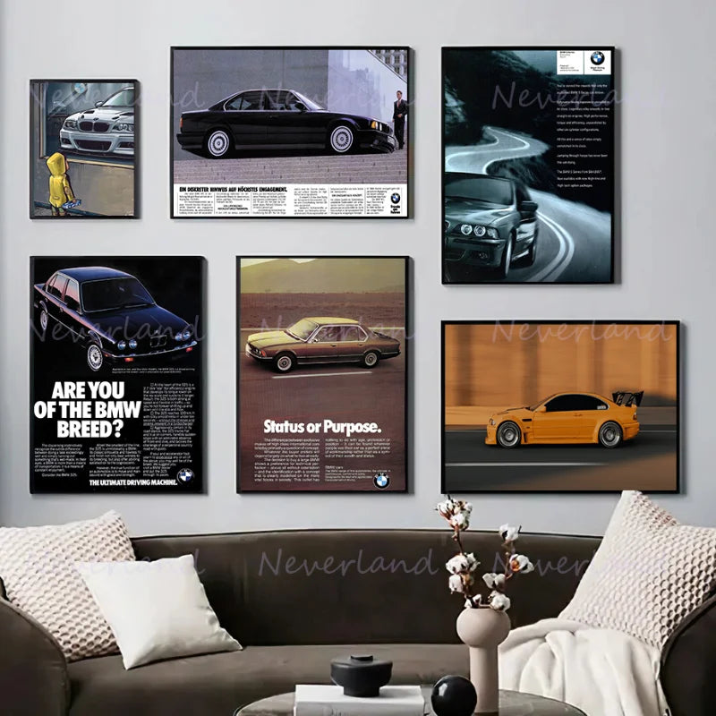 Affiche vintage BMW publicitaire poster toile classique - vue de face - Becquet Voiture