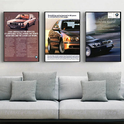 Affiche vintage BMW publicitaire poster toile classique - vue de profil - Becquet Voiture