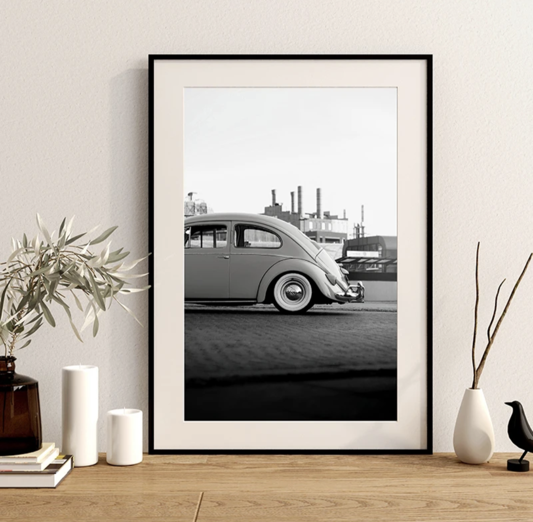 Affiche Vintage VW Coccinelle Noir Blanc - vue de face - Becquet Voiture