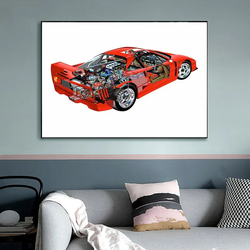 Affiche Voiture Ferrari F40 Vue en Coupe Poster Course - vue de face - Becquet Voiture