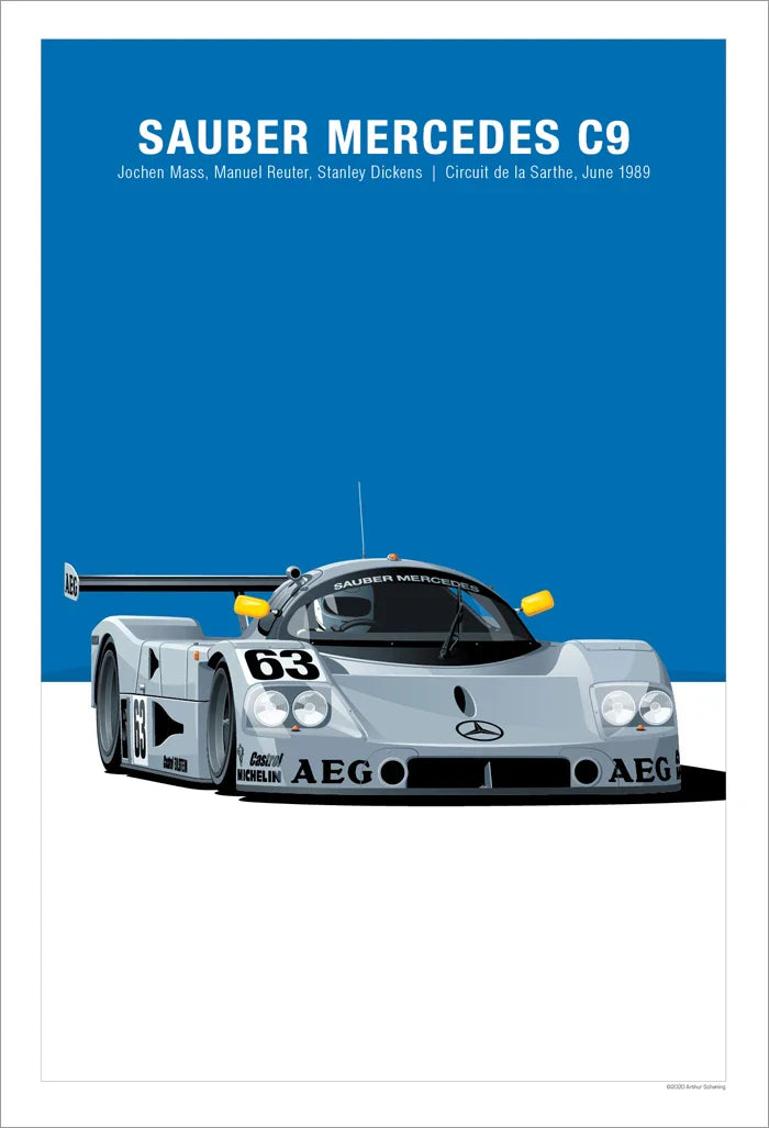 Affiche Voiture Mercedes Sauber C9 Poster Toile 24h Du Mans Classic - vue de face - Becquet Voiture