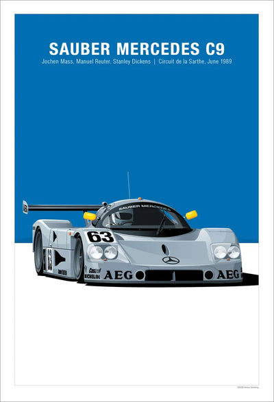 Affiche Voiture Mercedes Sauber C9 Poster Toile 24h Du Mans Classic - vue de face - Becquet Voiture
