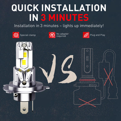 Ampoule LED Phare Mini Sans Fil H7 H4 6500K Universelle - vue de trois-quarts - Becquet Voiture