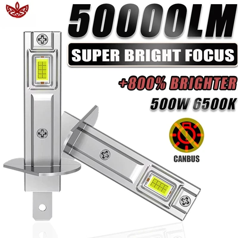 Ampoules LED BMW H1 500W 50000LM Canbus CSP Mini - vue de face - Becquet Voiture