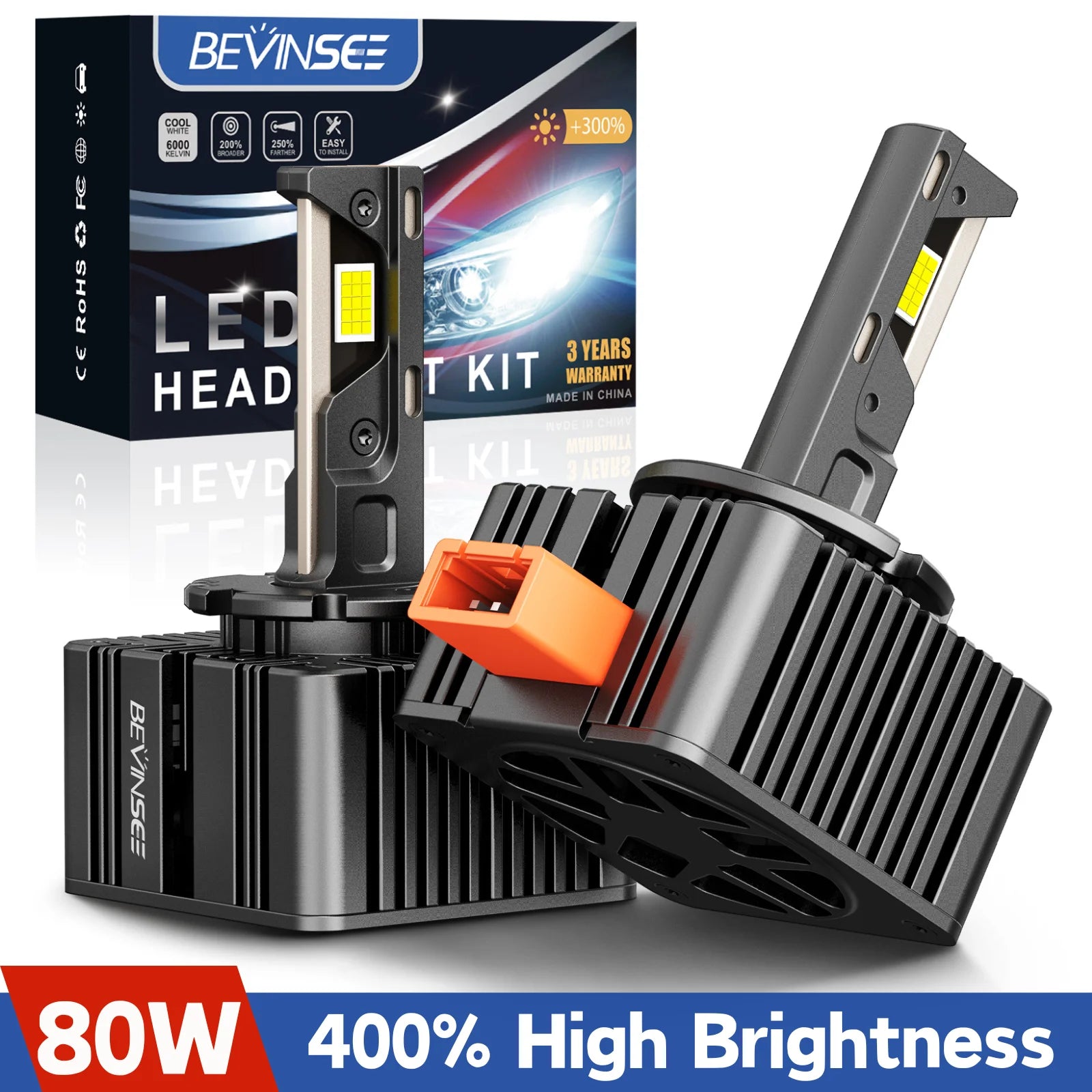 Ampoules LED D1S D2S D3S D5S VW BMW Mercedes 80W 8000LM - vue de face - Becquet Voiture