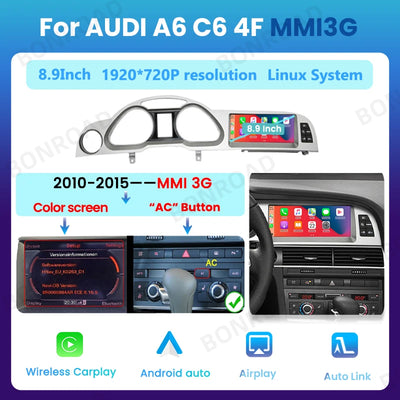 Autoradio CarPlay Android Auto Audi A6 C6 4F 2005-2015 - vue de face 2 - Becquet Voiture
