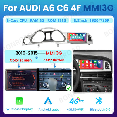 Autoradio CarPlay Android Auto Audi A6 C6 4F 2005-2015 - vue rapprochée - Becquet Voiture