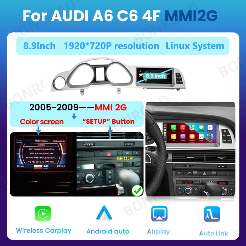 Autoradio CarPlay Audi A6 C6 4F 8.8 Pouces 2005-2015 - vue de face 2 - Becquet Voiture