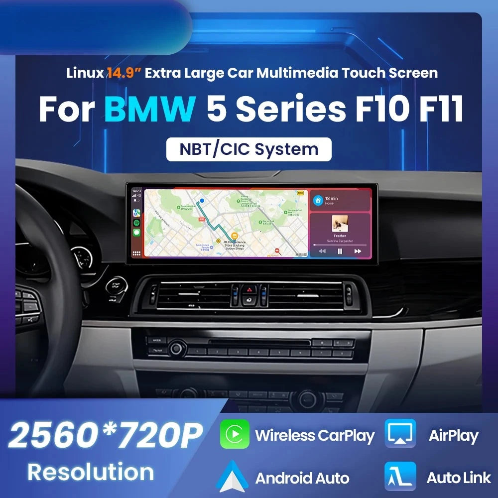 Autoradio CarPlay BMW Série 5 F10 F11 Écran 14.9 Pouces - vue de face - Becquet Voiture