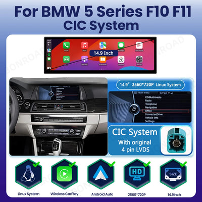 Autoradio CarPlay BMW Série 5 F10 F11 Écran 14.9 Pouces - vue rapprochée - Becquet Voiture