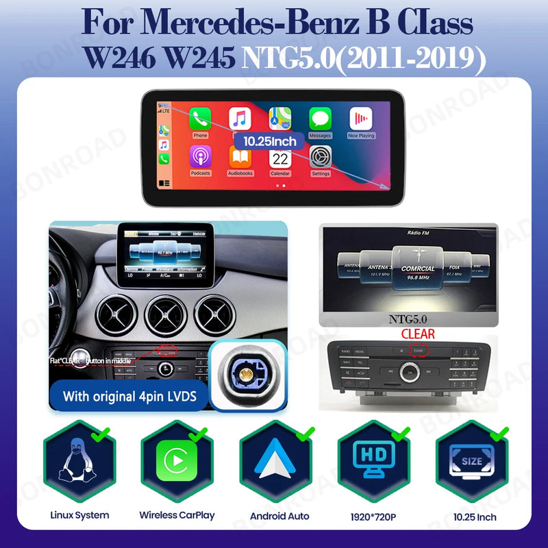 Autoradio CarPlay Mercedes Classe B W245 W246 2011-2019 - vue rapprochée - Becquet Voiture