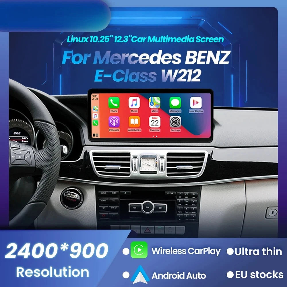 Autoradio CarPlay Mercedes Classe E W212 - vue de face - Becquet Voiture