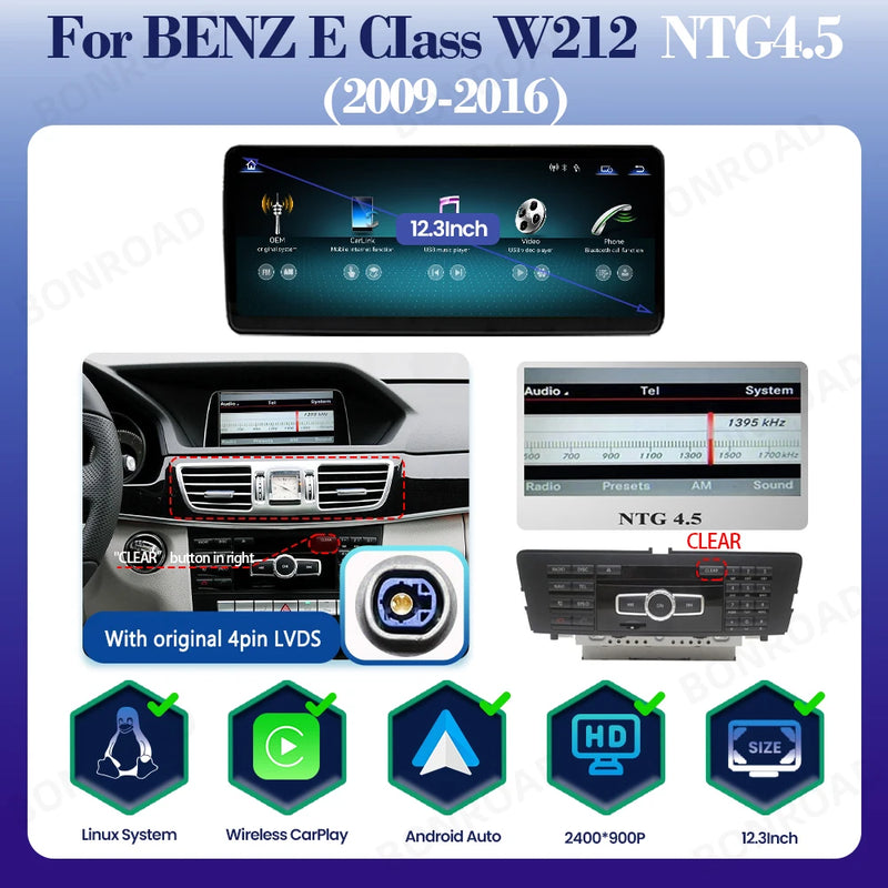 Autoradio CarPlay Mercedes Classe E W212 - vue rapprochée - Becquet Voiture