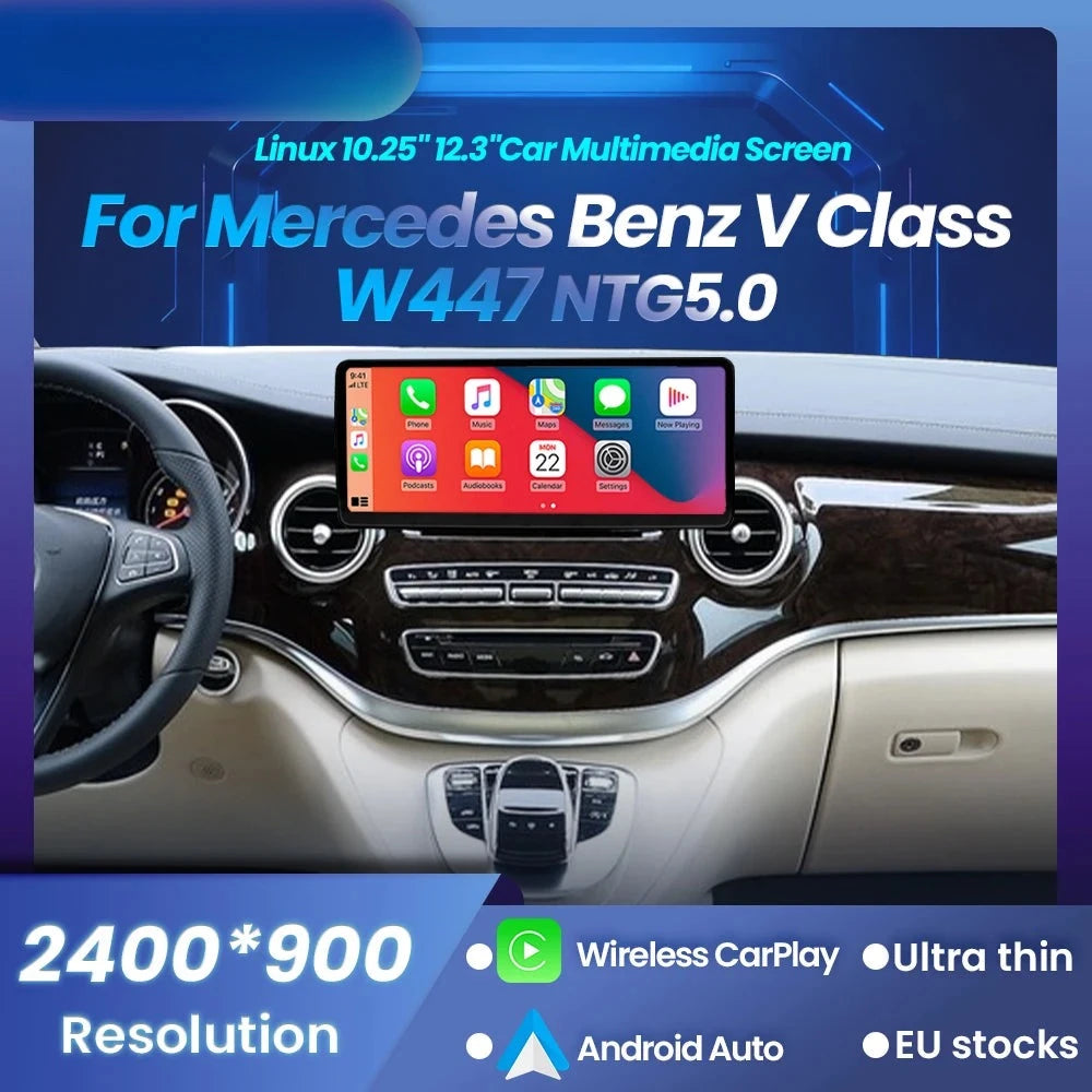 Autoradio Mercedes Classe V W447 CarPlay Android Auto - vue de face - Becquet Voiture