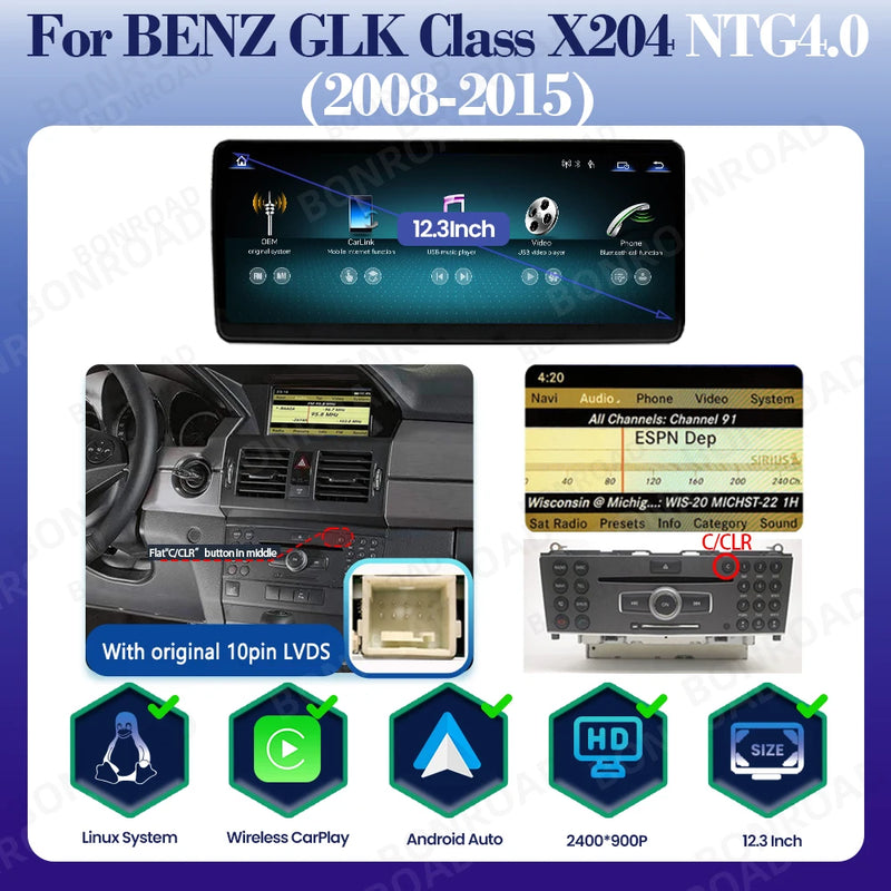 Autoradio Mercedes GLK X204 2008-2015 CarPlay Android Auto - détail du montage - Becquet Voiture