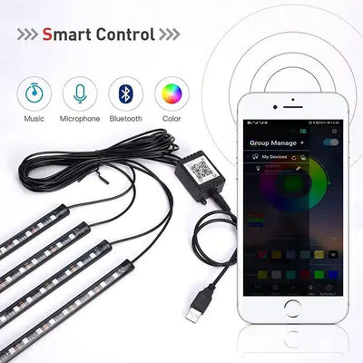 Bande LED d'Ambiance Voiture 48 LEDs Port USB Contrôle APP - installé sur véhicule - Becquet Voiture