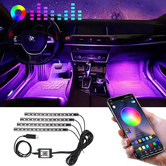 Bande LED d'Ambiance Voiture 48 LEDs Port USB Contrôle APP - vue de face - Becquet Voiture