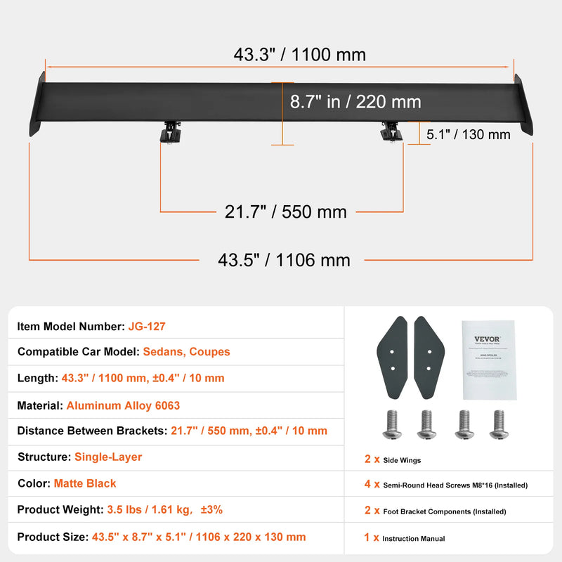 Universeller GT-Flügel-Spoiler aus Aluminium, 110 cm, verstellbar - Studio-Packshot 2 - Becquet Voiture
